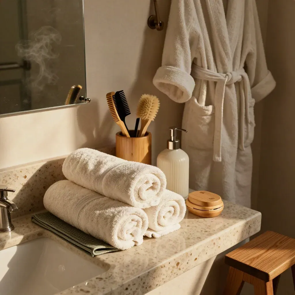 Macro bathroom care setup with towels, lotion, grooming kit, mat, stool, and mirror steam.