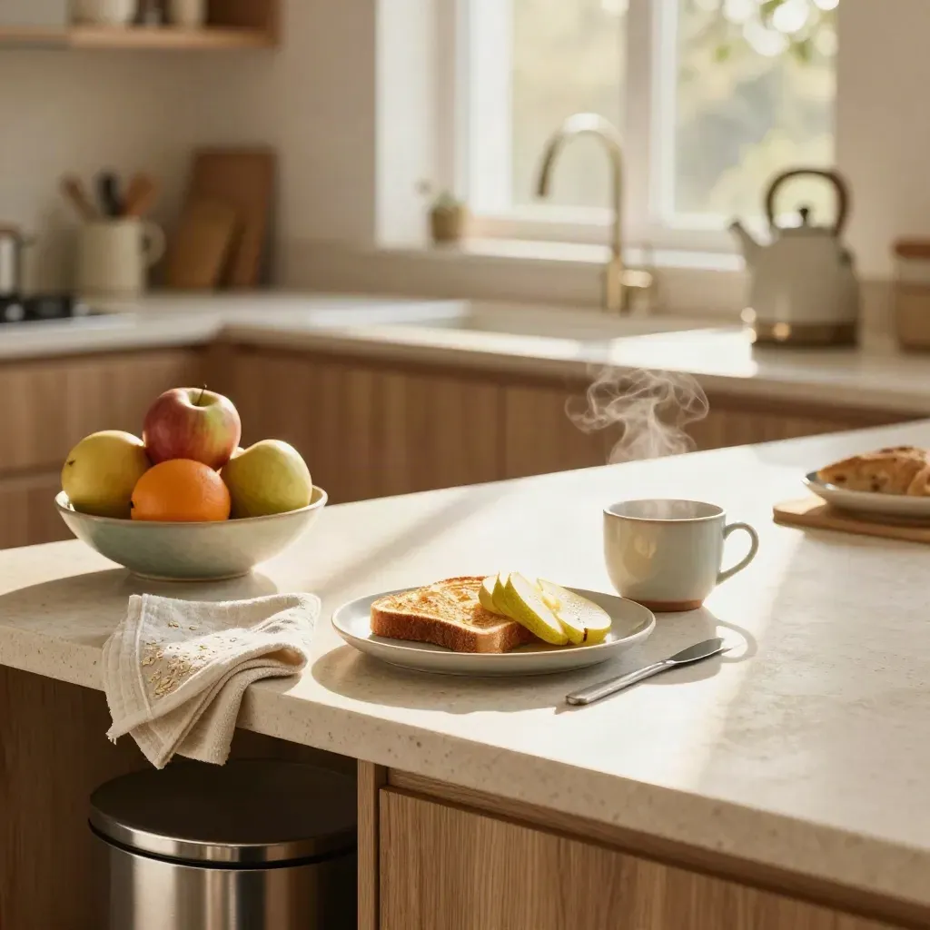 Sunlit kitchen with breakfast, fruit bowl, folded towel, steam, and a tucked-away bin