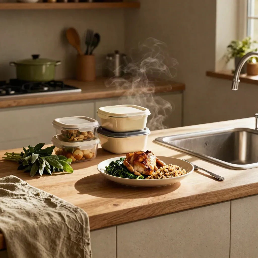 Meal-prep lunch and covered containers in a reset kitchen with moody steam and soft shadows.