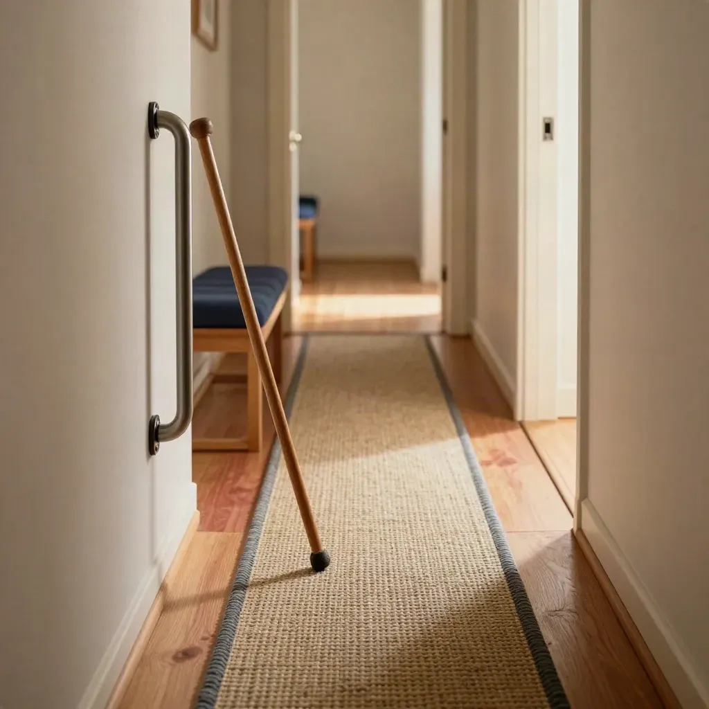 Hallway with grab bar, cane, runner, bench seat, and doorway light for mobility support.