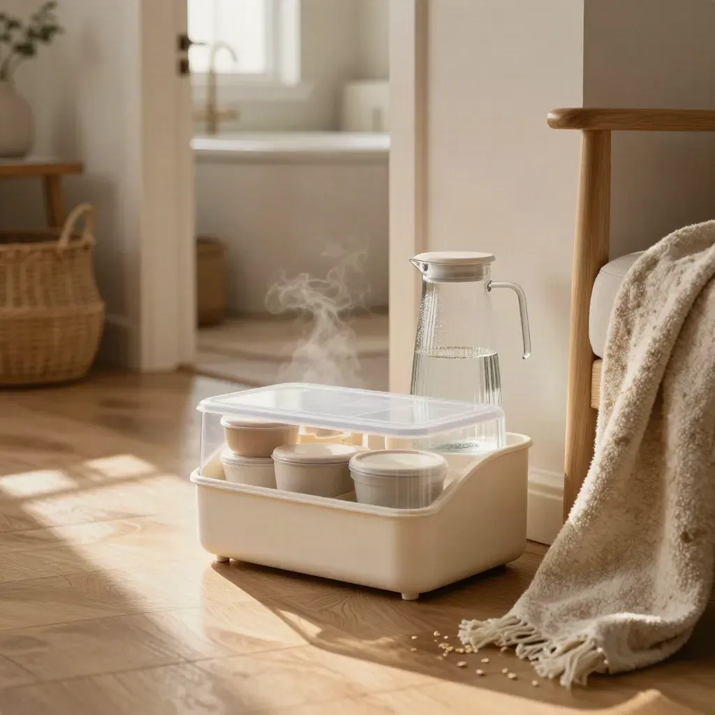 Medication organizer, meal containers, water pitcher, blanket, and a clear path to the bath.