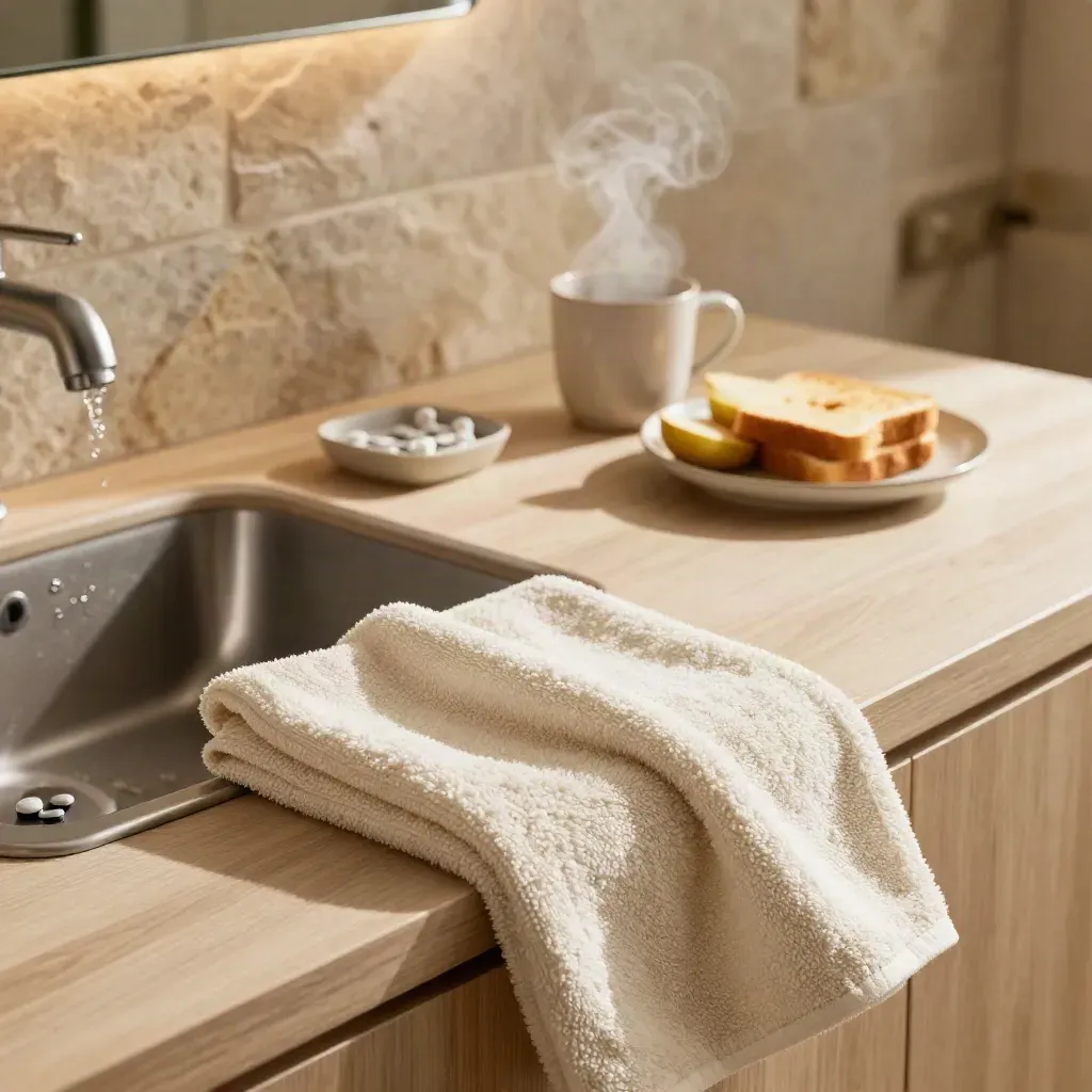 Steam, towels, breakfast, and a medicine organizer beside a tidy sink in a warm morning home.