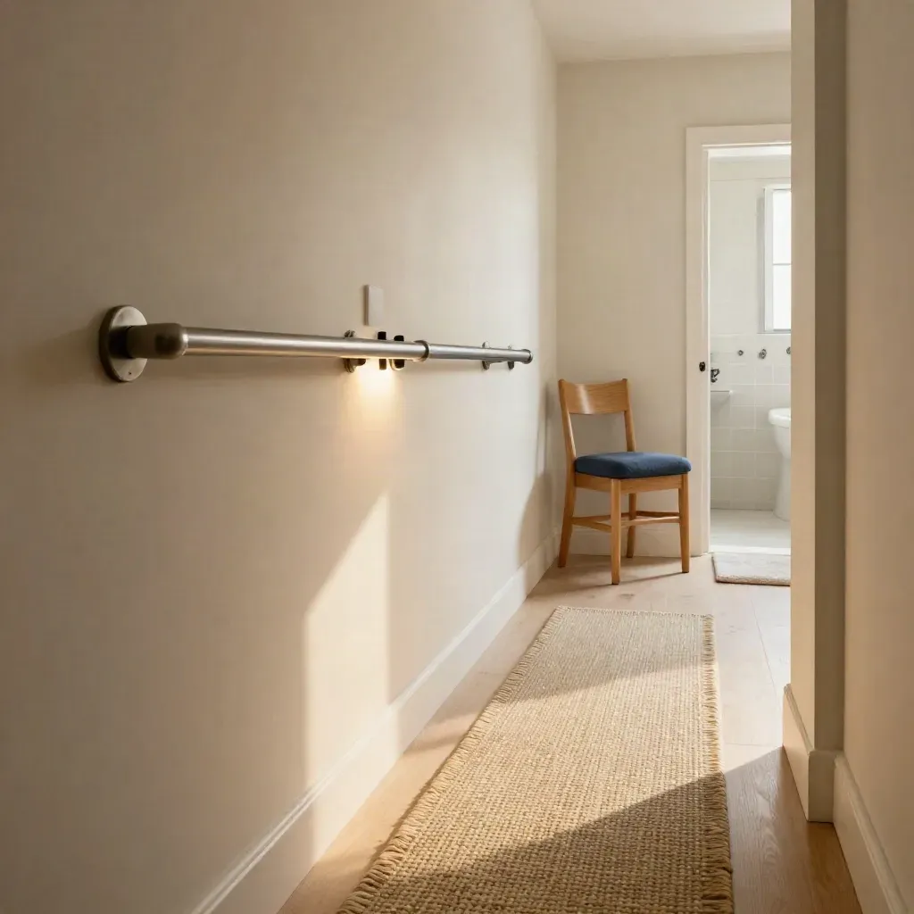 Empty hallway with grab rail, motion light, flat runner and chair leading to a safe bathroom route