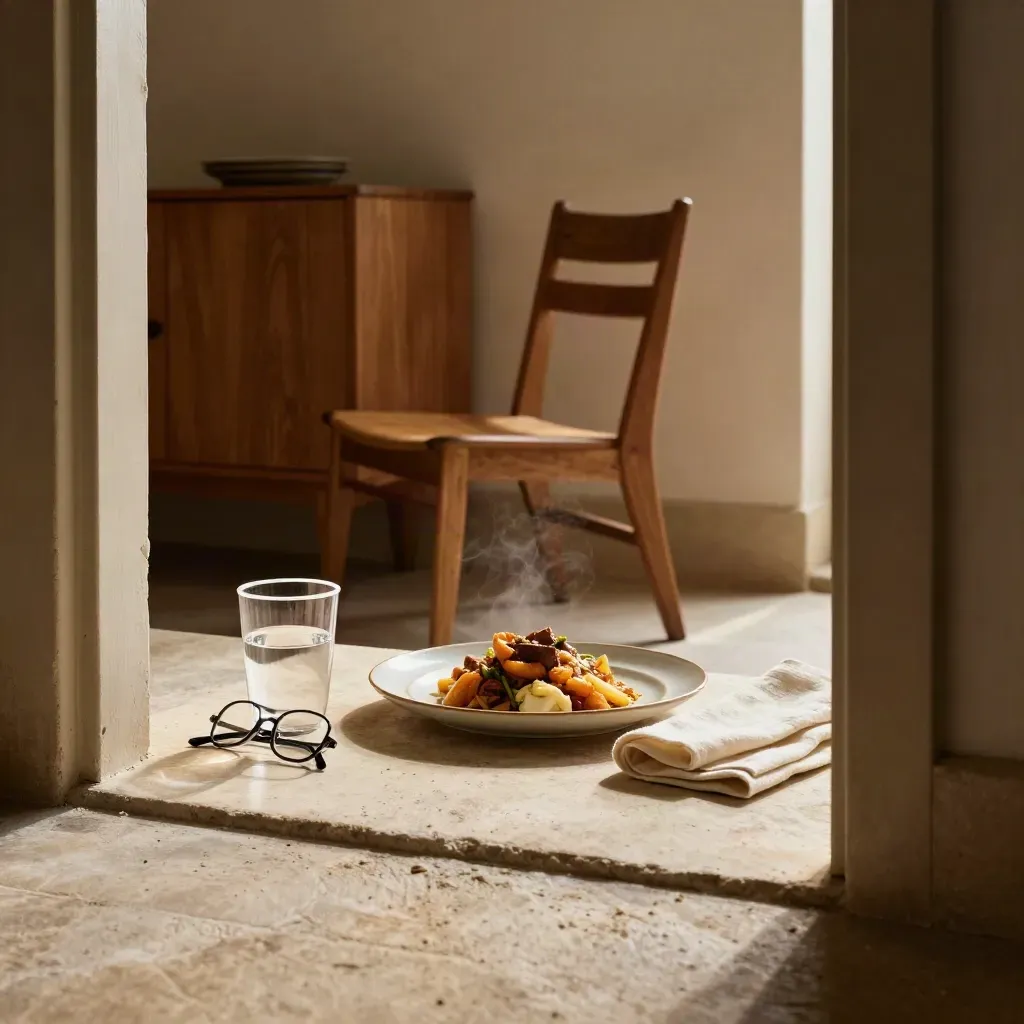Quiet lunch setting with plated meal, water glass, reading glasses, and pulled-out chair