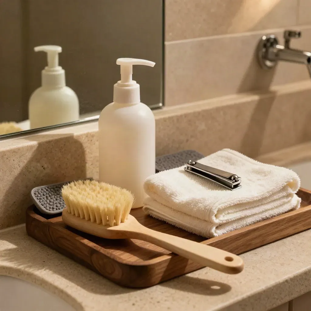 Walnut vanity still life with caregiver brush, lotion, towels, clippers and rolled mat.