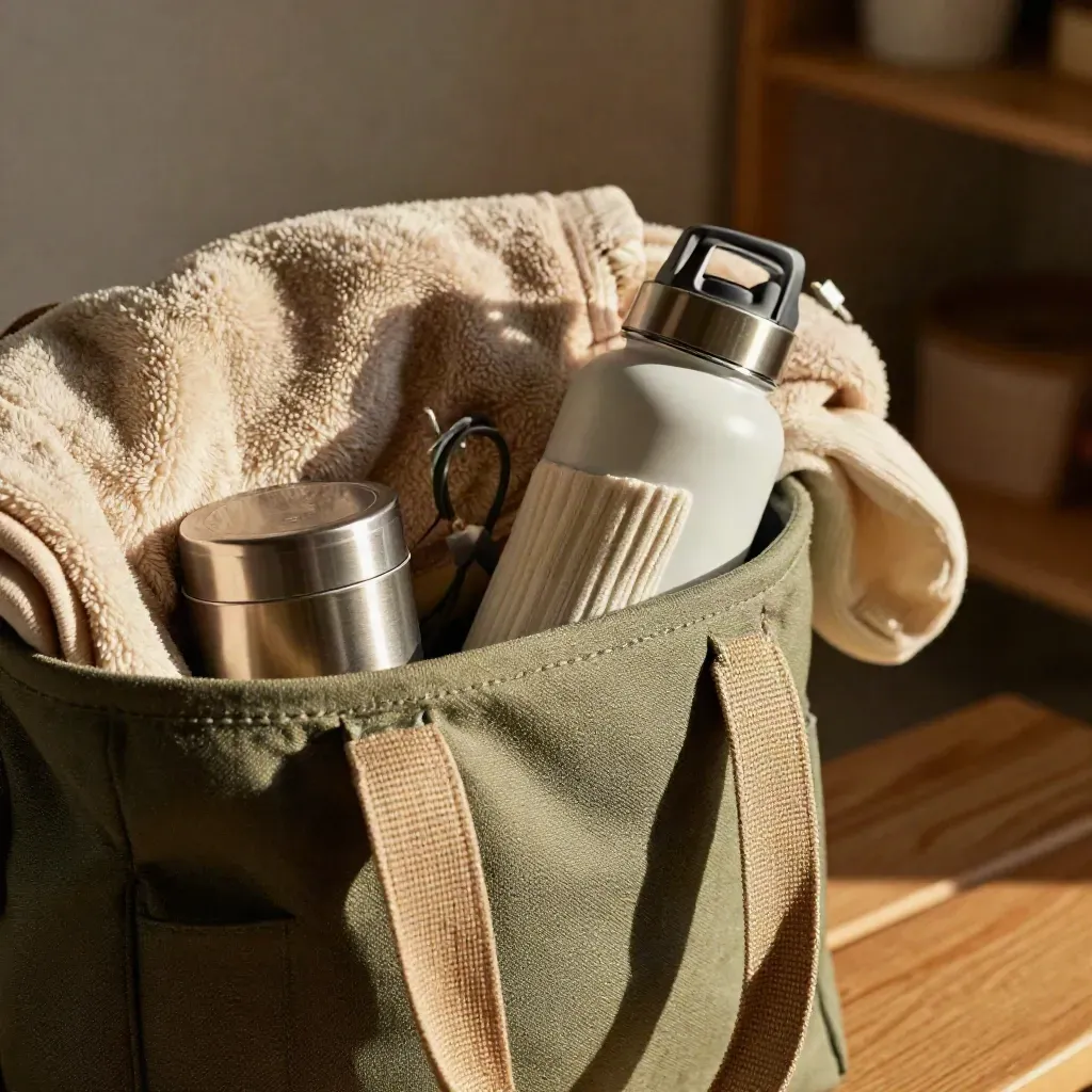 Close-up of a packed respite tote with blanket, tin, bottle, socks, and charging cable.
