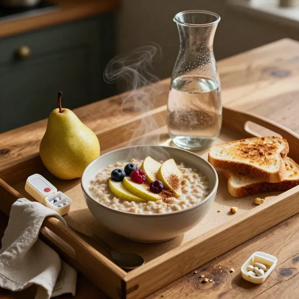Morning tray with oatmeal, toast, fruit, water carafe, and a closed pill organizer.
