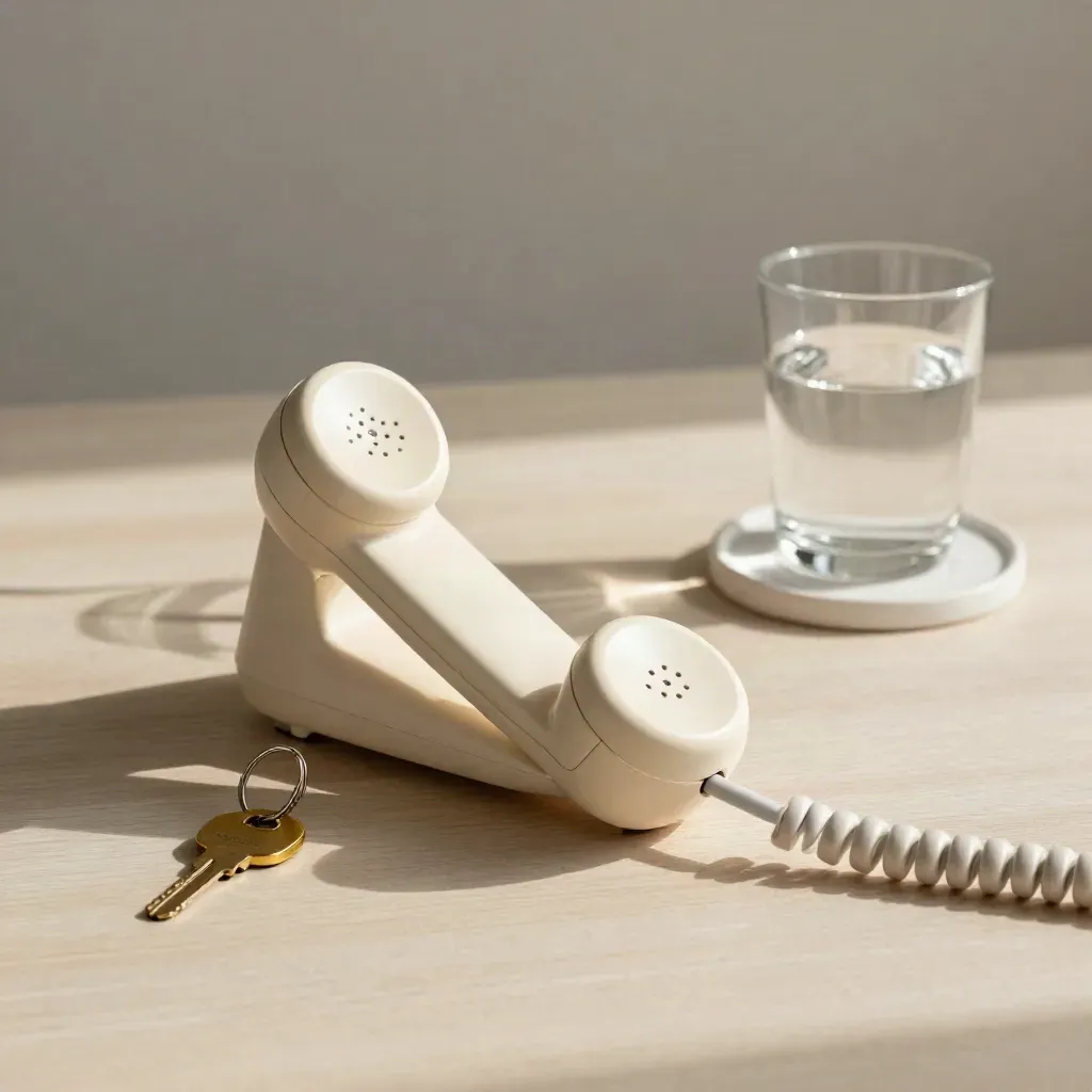 Overhead still life of a cordless phone, brass keys, water glass and coaster on pale wood