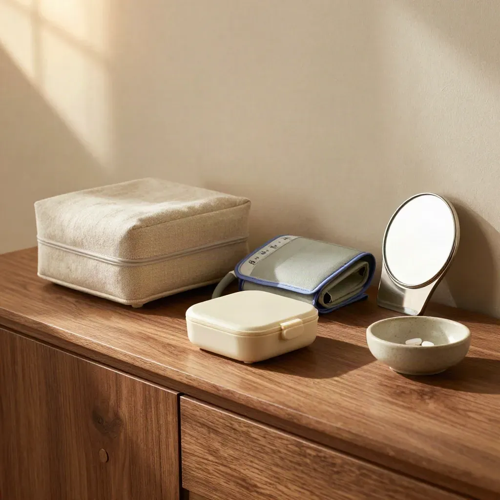 Walnut sideboard still life with care organizer, cuff, pill box, mirror and bowl.