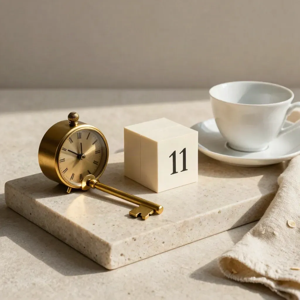 Brass key, timer, calendar cube and teacup arranged on a stone tray with a folded linen cloth.