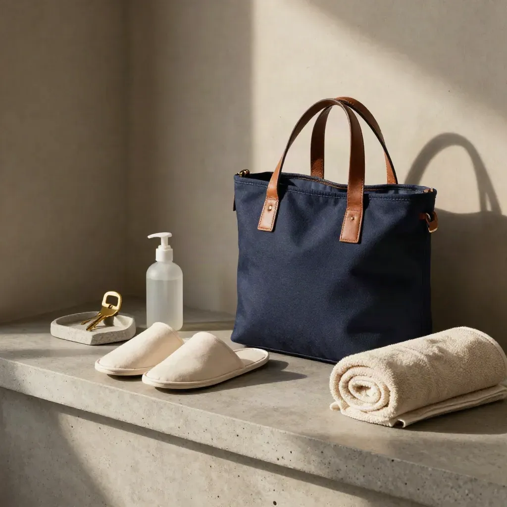 Care kit by the door: slippers, towel, key, sanitizer, and tote on a concrete shelf.