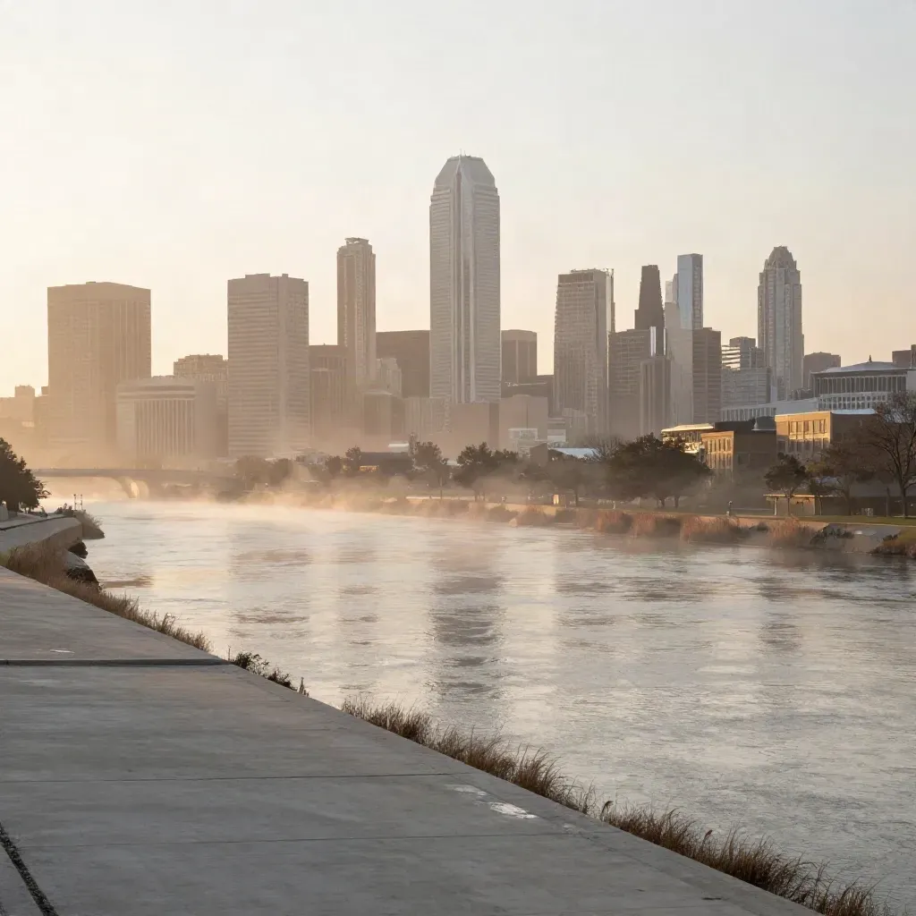 Dallas skyline with Reunion Tower above a misty Trinity River at sunrise