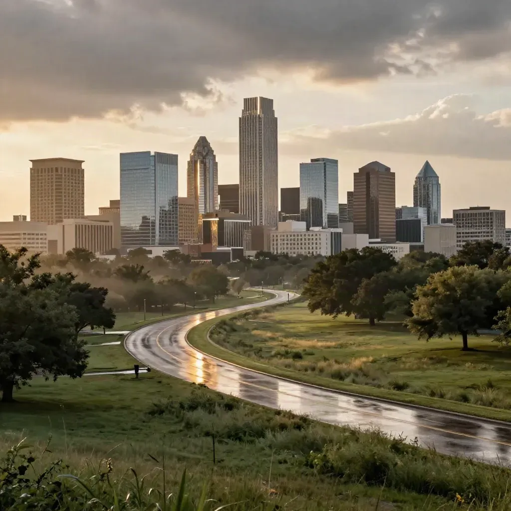 Collin County skyline above wet parkway and greenbelt in golden light after rain