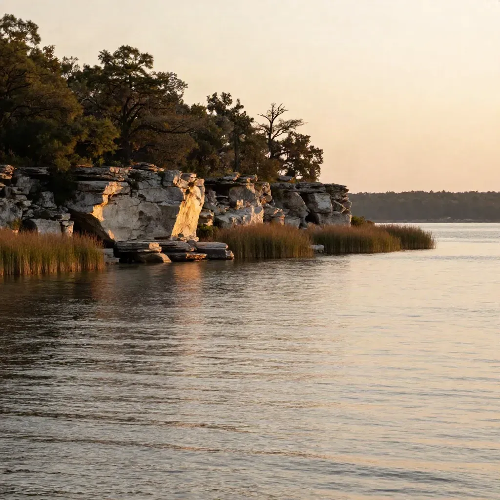 Amber dusk over Lake Lewisville’s limestone shoreline and tree line in Denton County