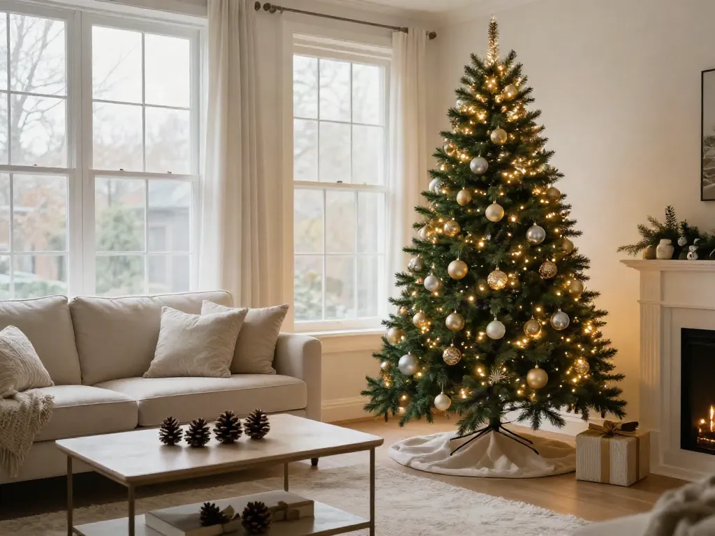 Pre lit pencil slim Christmas tree beautifully decorated in a cozy living room.