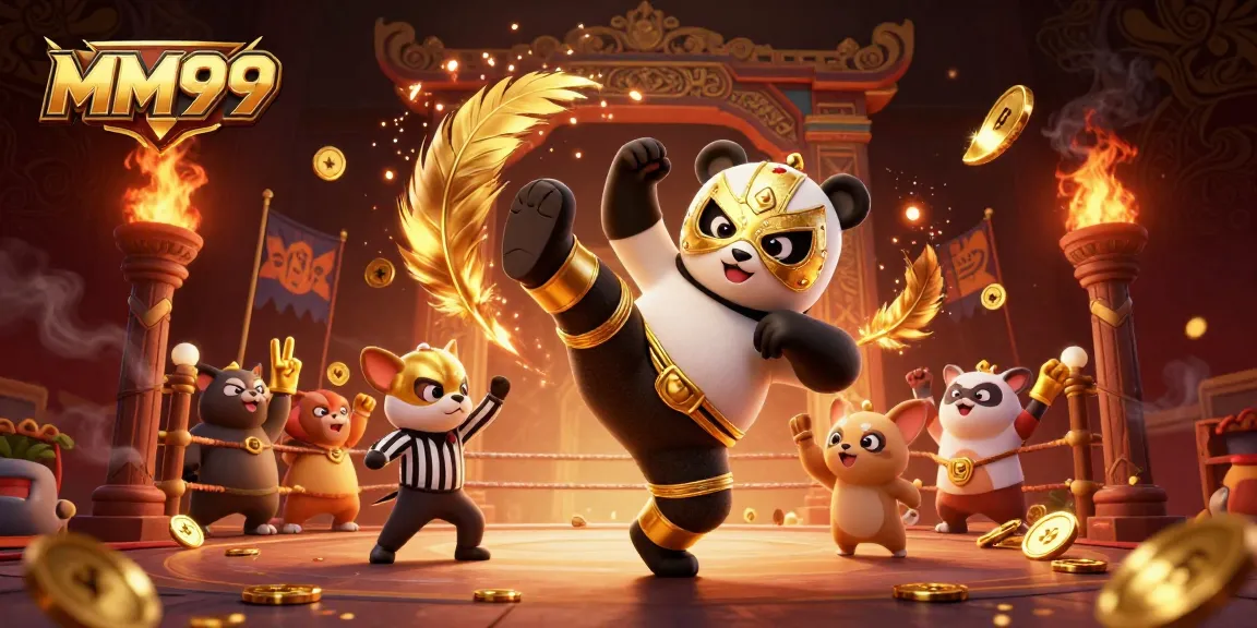 Engaging MM99 cartoon scene with a panda wrestler, chihuahua referee, and cheering animals at a dynamic casino.