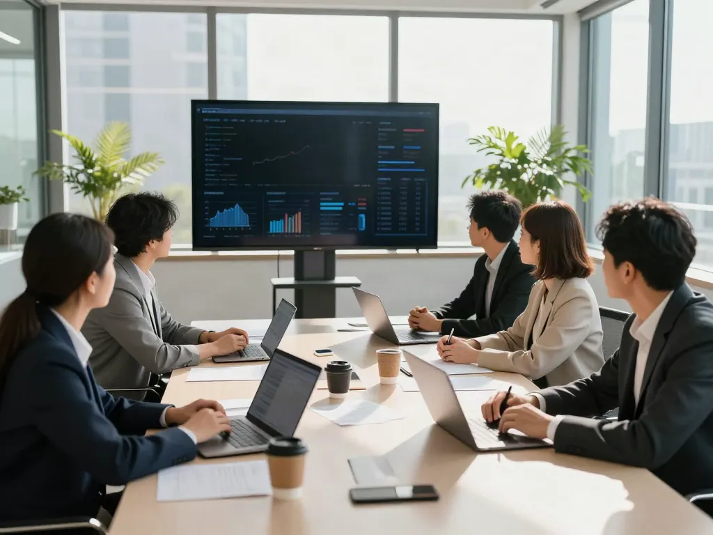 Sources tell me about innovative teamwork in a modern office meeting.
