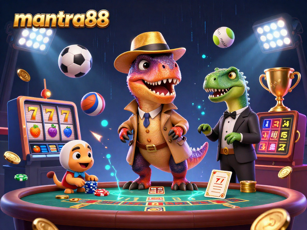 Immerse in mantra88's casino action, featuring a velociraptor card counter at a vibrant blackjack table.