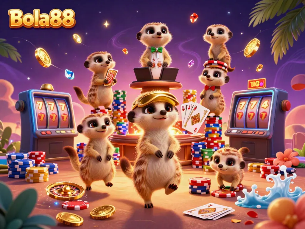 Bola88 showcases meerkats running a vibrant casino with cascading coins and excitement.