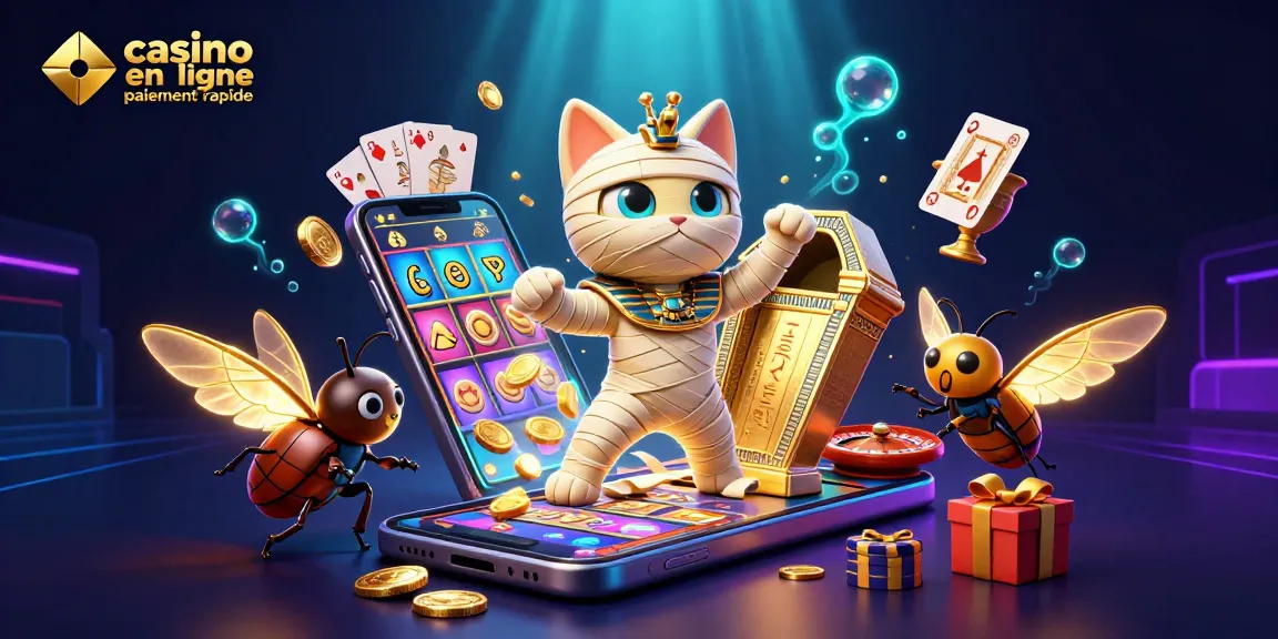 Profitez des retraits instantanés avec casino en ligne paiement rapide, illustré par un chat momie égyptien et des éléments de jeu.