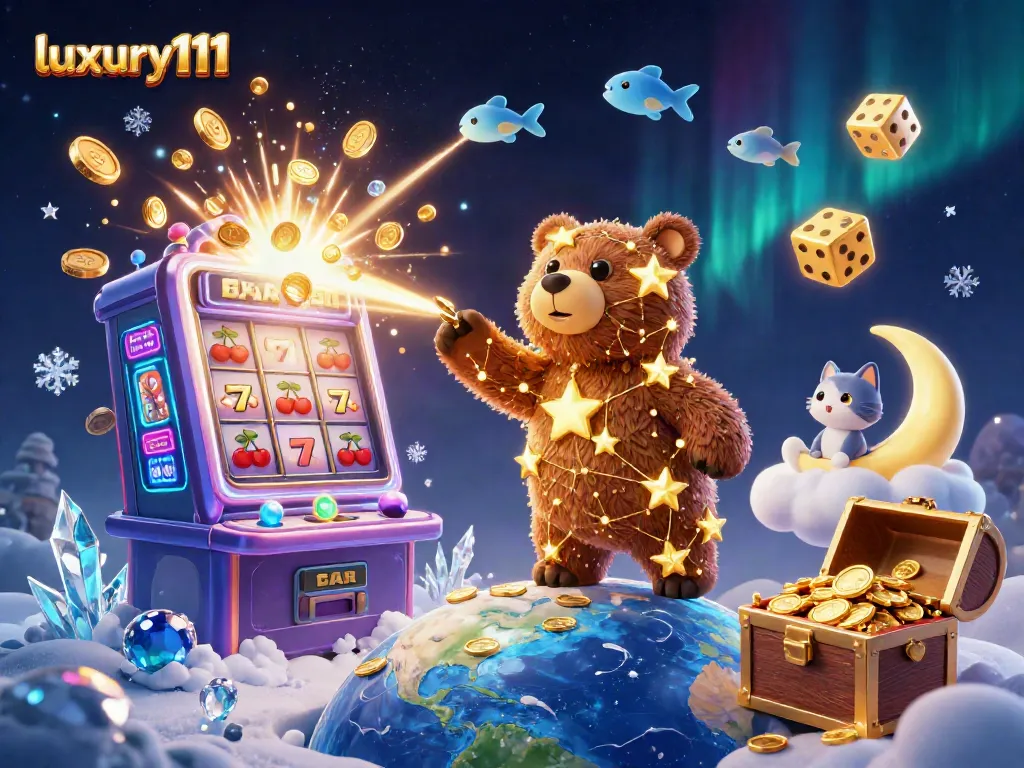 Spin the reels with luxury111 in a vibrant casino scene of gold coins and jackpots.