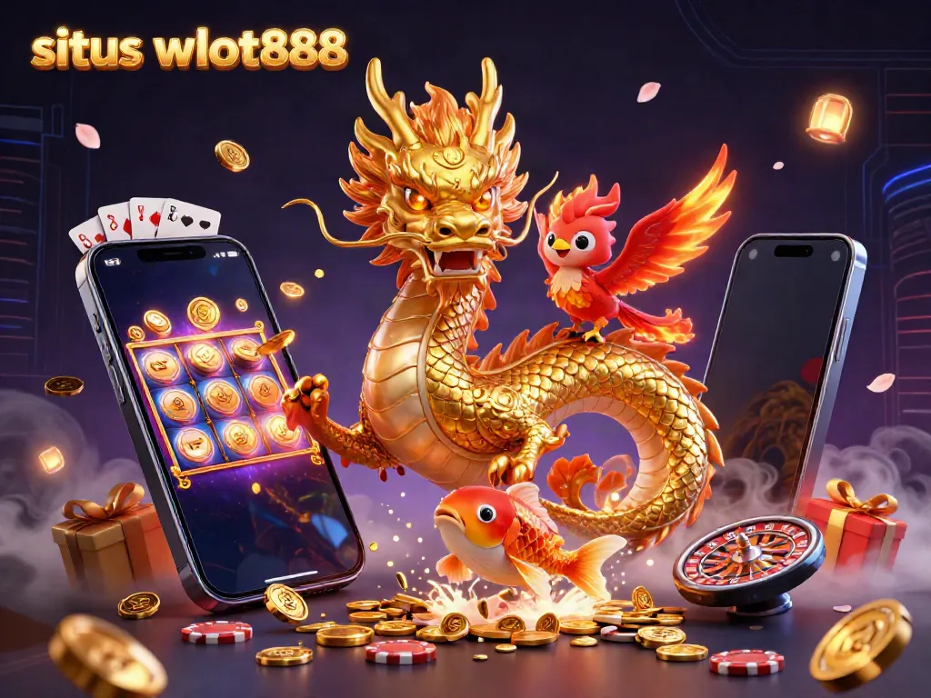 Permainan slot situs wslot888 dengan naga emas dan ikan koi berwarna emas di latar belakang yang dinamis.