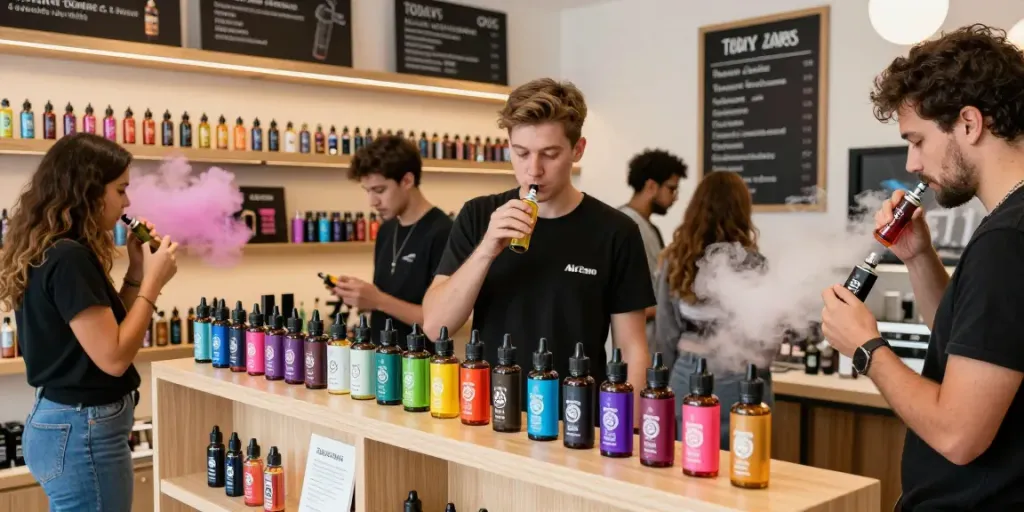Showcasing Alt Zero E-Liquid 60ml bottles in a modern vape shop, with vapers interacting.