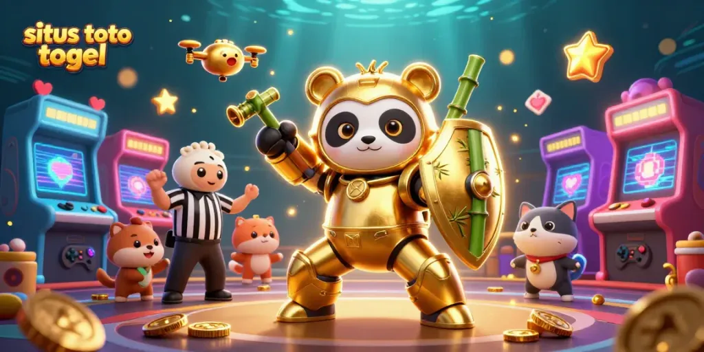 bermain di situs toto togel dengan panda emas dan robot bambu dalam suasana meriah