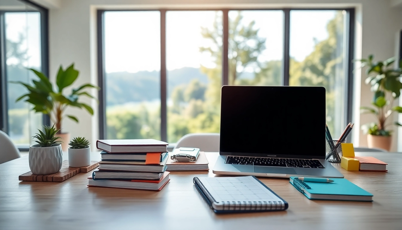 Achieve Peak Productivity by showcasing a professional workspace filled with productivity tools and a calm view.