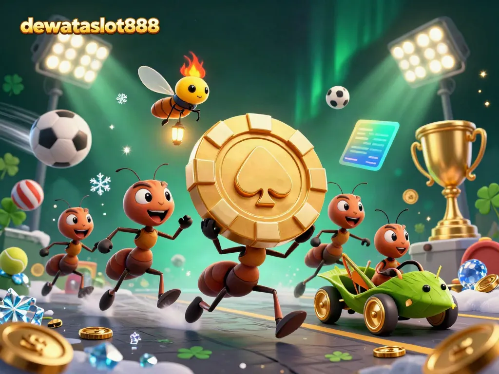 Ant tim 3D dewataslot888 membawa chip poker emas besar sambil berlari di terowongan.