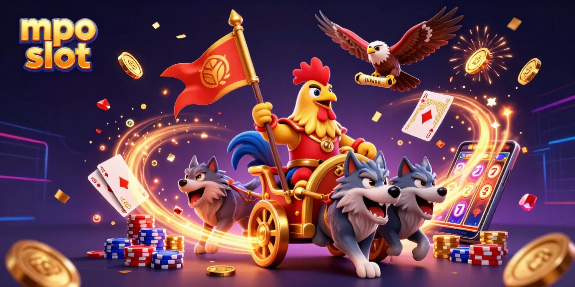 Engage with mpo slot in a vibrant scene featuring a rooster warlord, golden coins, and exciting game elements.
