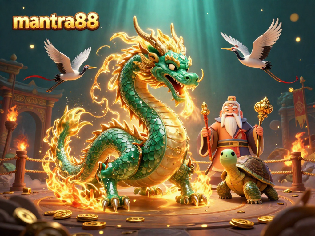 Experience the excitement of mantra88 with a vibrant casino scene featuring a jade dragon and lucky cranes.