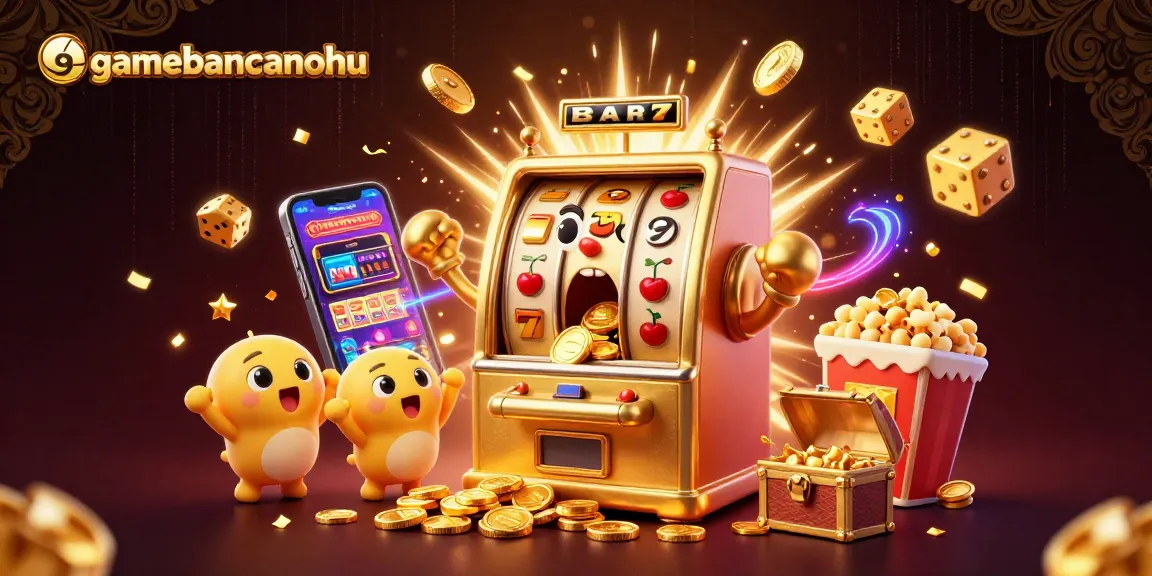 gamebancanohu showcases a cartoon slot machine hitting a jackpot amid confetti and celebration.