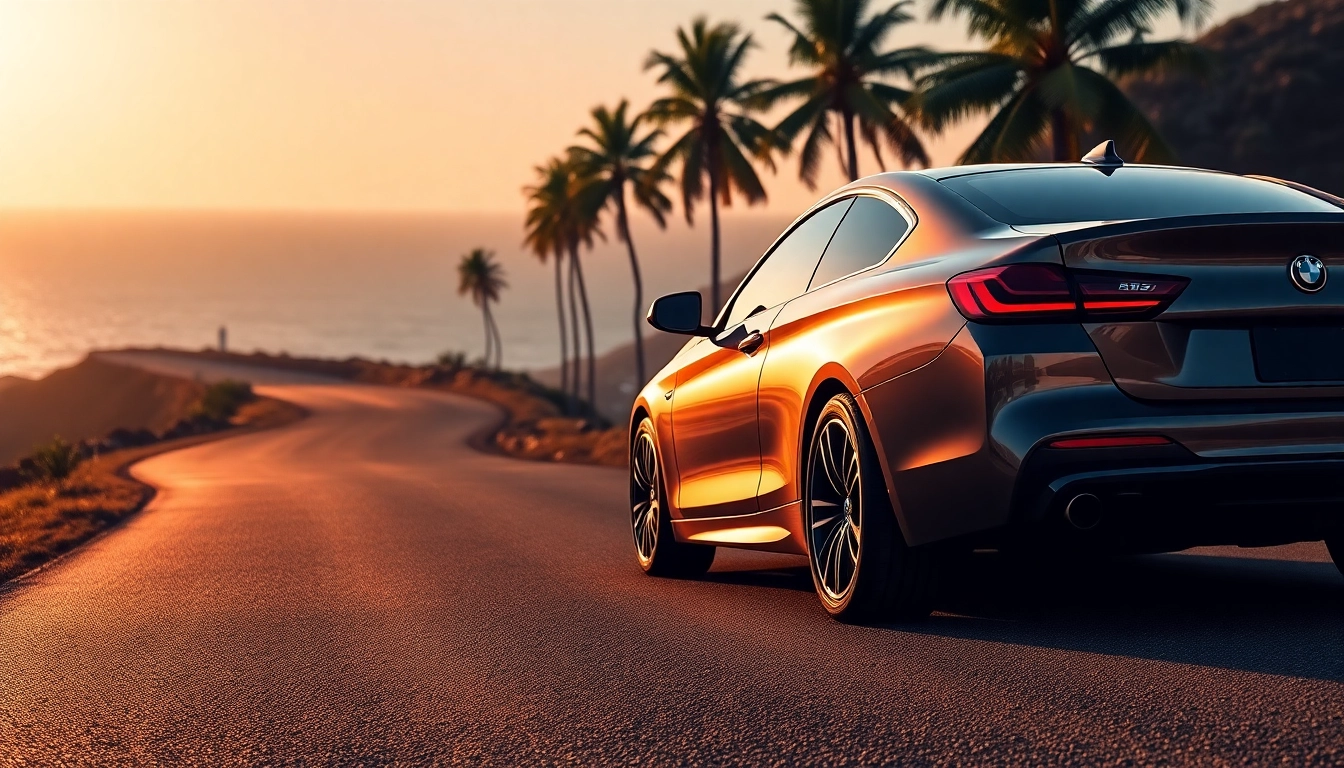 Luxury BMW car showcasing its elegance against a stunning coastal sunset.