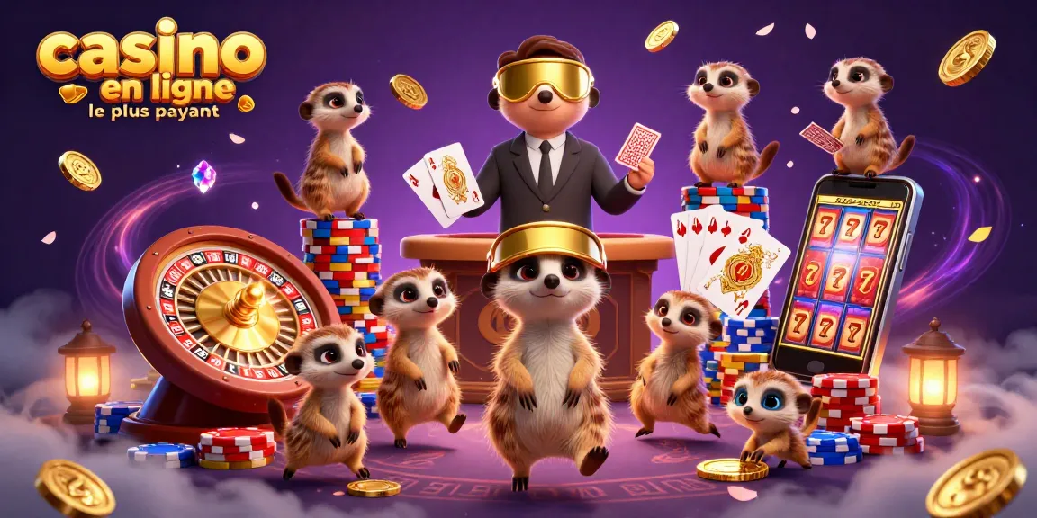 Le casino en ligne le plus payant avec des suricates gérant des jeux et des jetons scintillants.