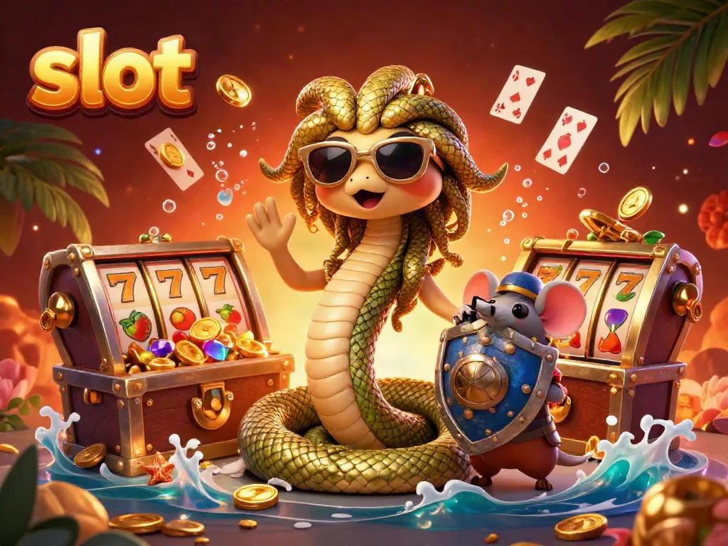 Mesin slot menghadirkan Medusa dan mouse pahlawan, dikelilingi koin emas dan simbol buah, menambah suasana kasino.