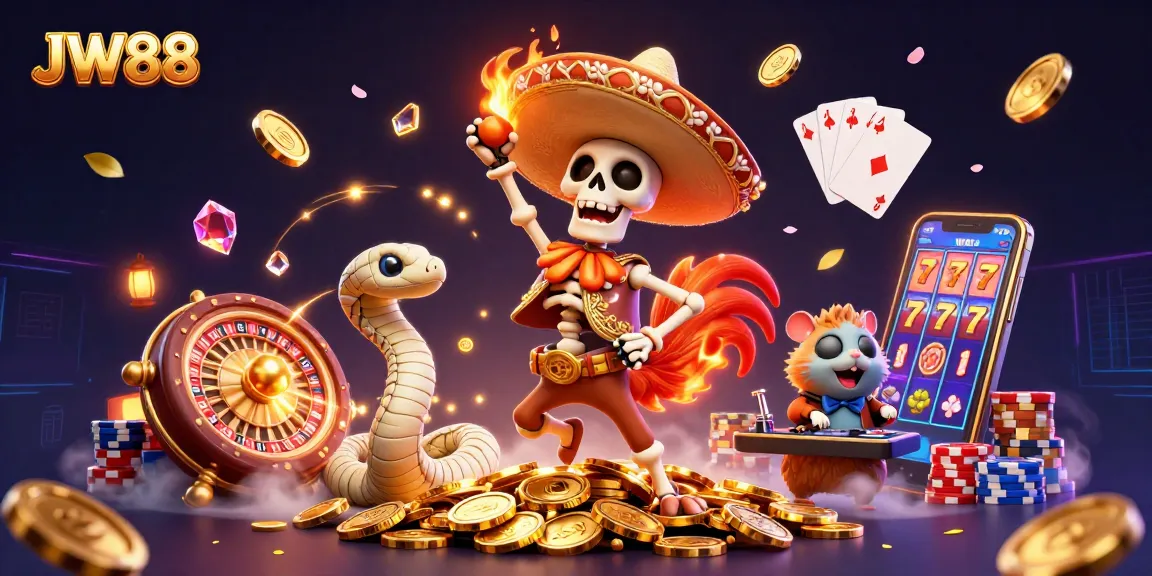 Celebrate wins with JW88's vibrant scene featuring a dancing skeleton and casino games