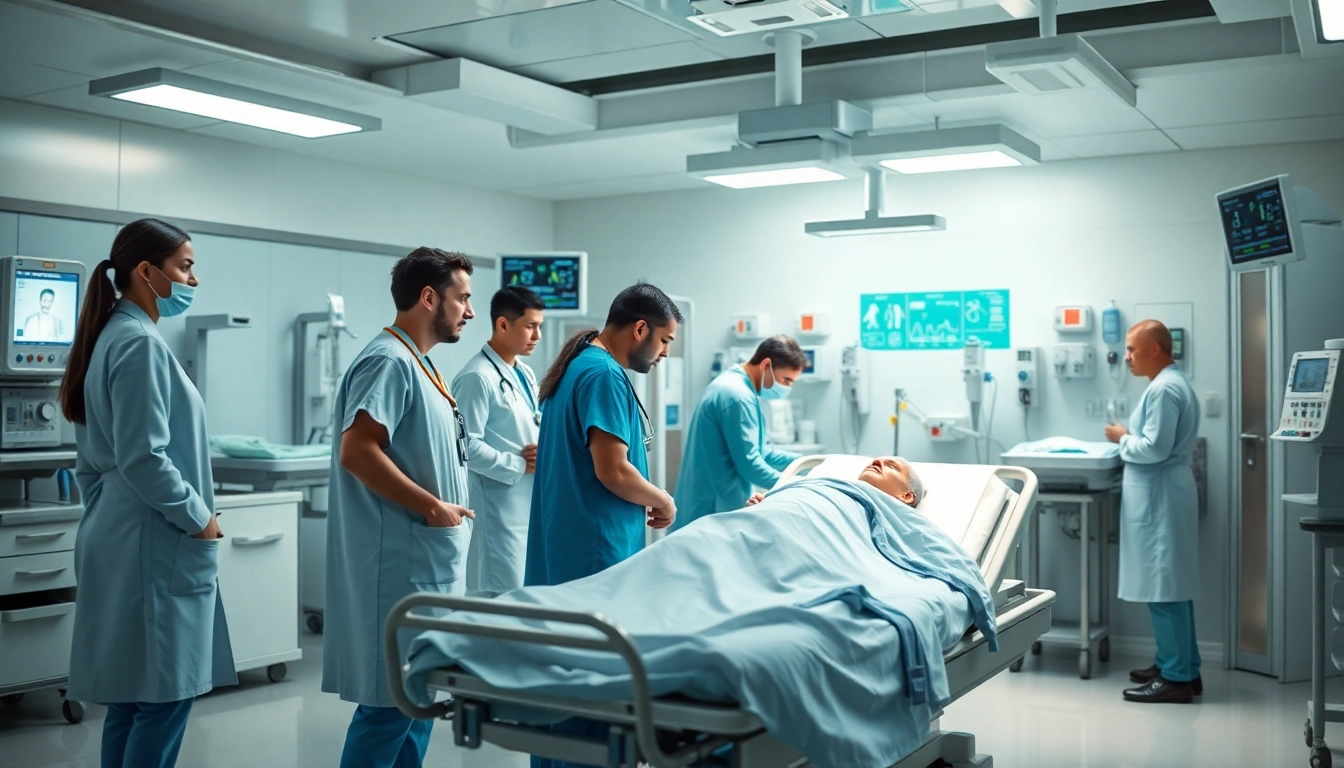 Scene showcasing Emergency Hospital Services with medical professionals aiding patients in a lively emergency room.