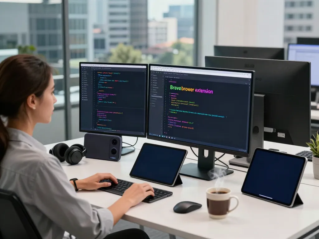 Brave browser development workspace with coder and tech gadgets.