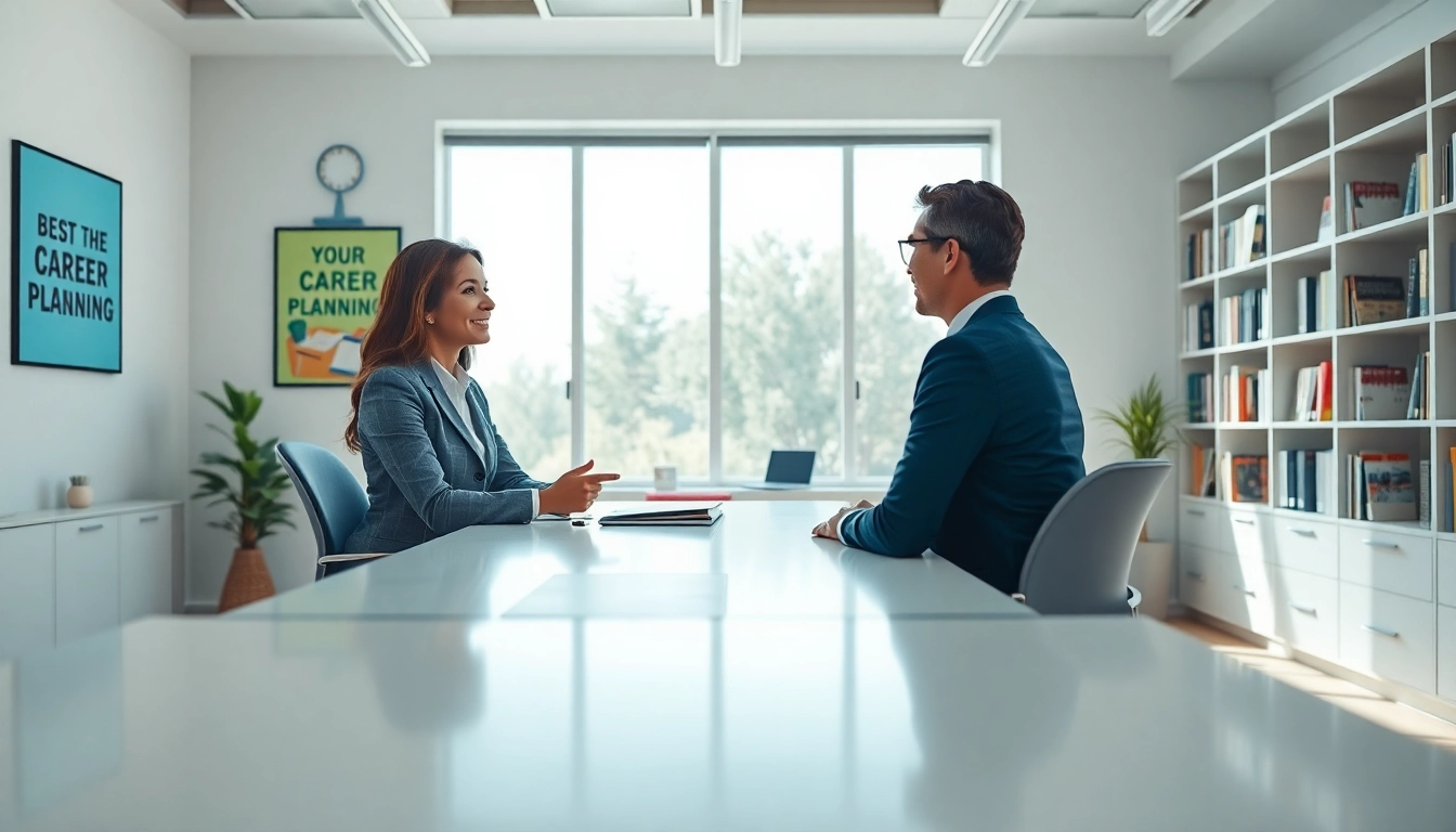 Career coaching session with a professional coach and client in a modern office.