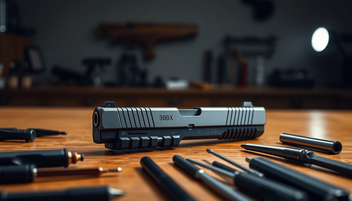 Glock 43x slide displayed prominently on a table with detailed craftsmanship and tools.