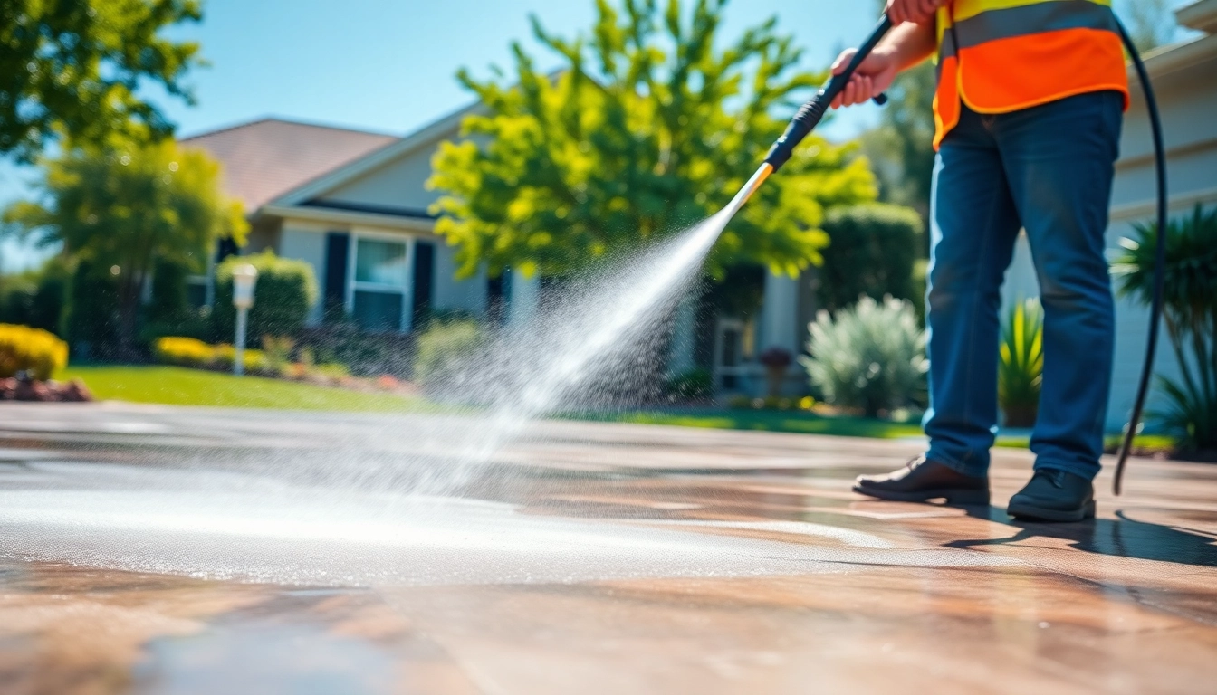 Driveway cleaning professional using a pressure washer on a residential driveway.