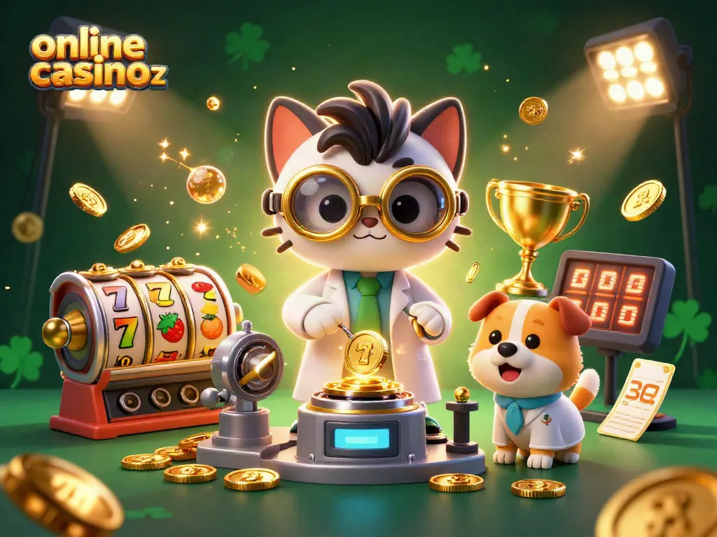 Spin to win at online casino nz with a mad scientist cat and dog in a vibrant 3D scene.