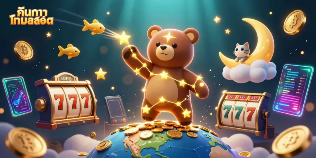Engage in the excitement of ค้นหาเกมสล็อต with a vibrant 3D casino scene showcasing dynamic characters and game elements.