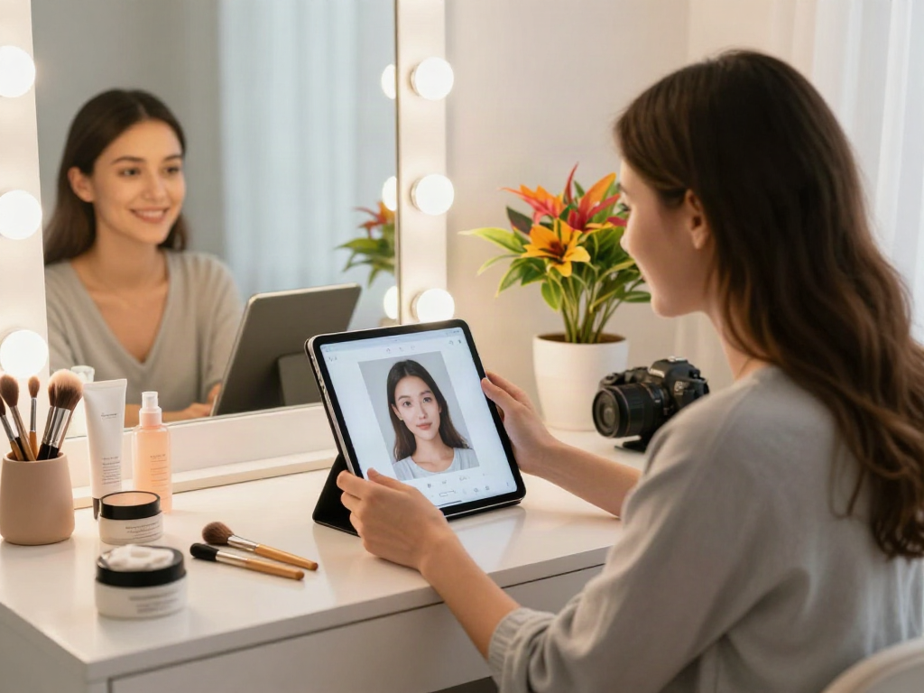 Modern beauty studio scene showcasing a test of attractiveness with AI technology.