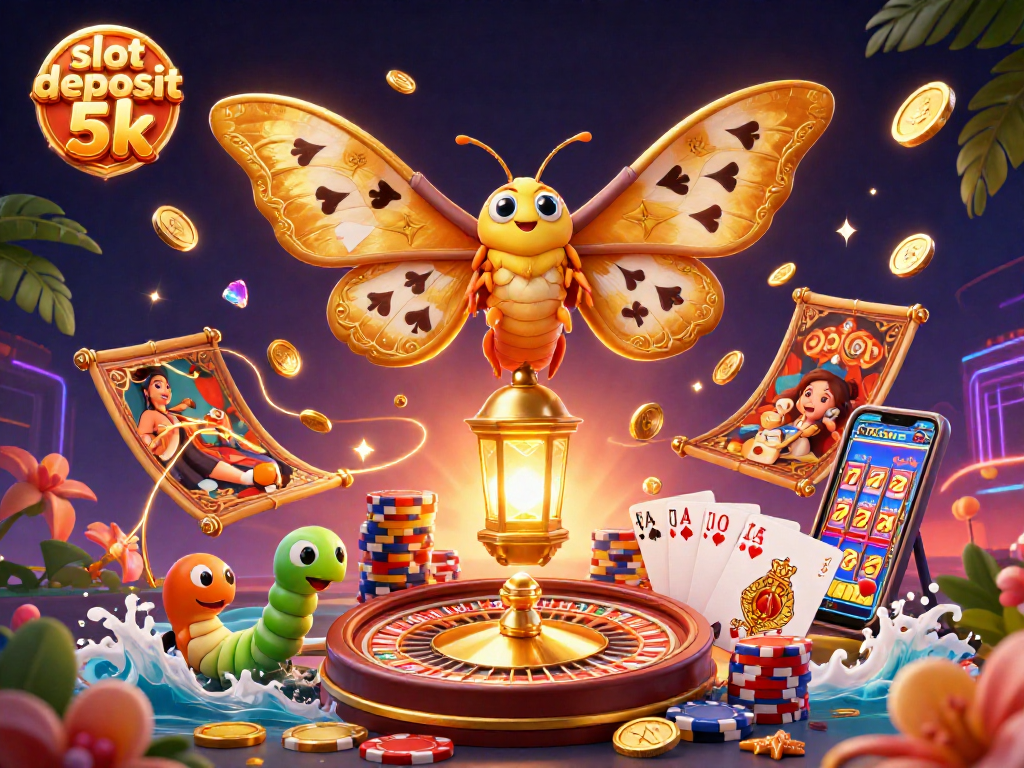 Bet on slot deposit 5k with vibrant 3D casino-themed elements and a majestic atlas moth.