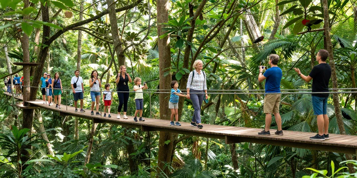 Treetop Walkway experience in a vibrant forest with visitors enjoying panoramic views above the ground.