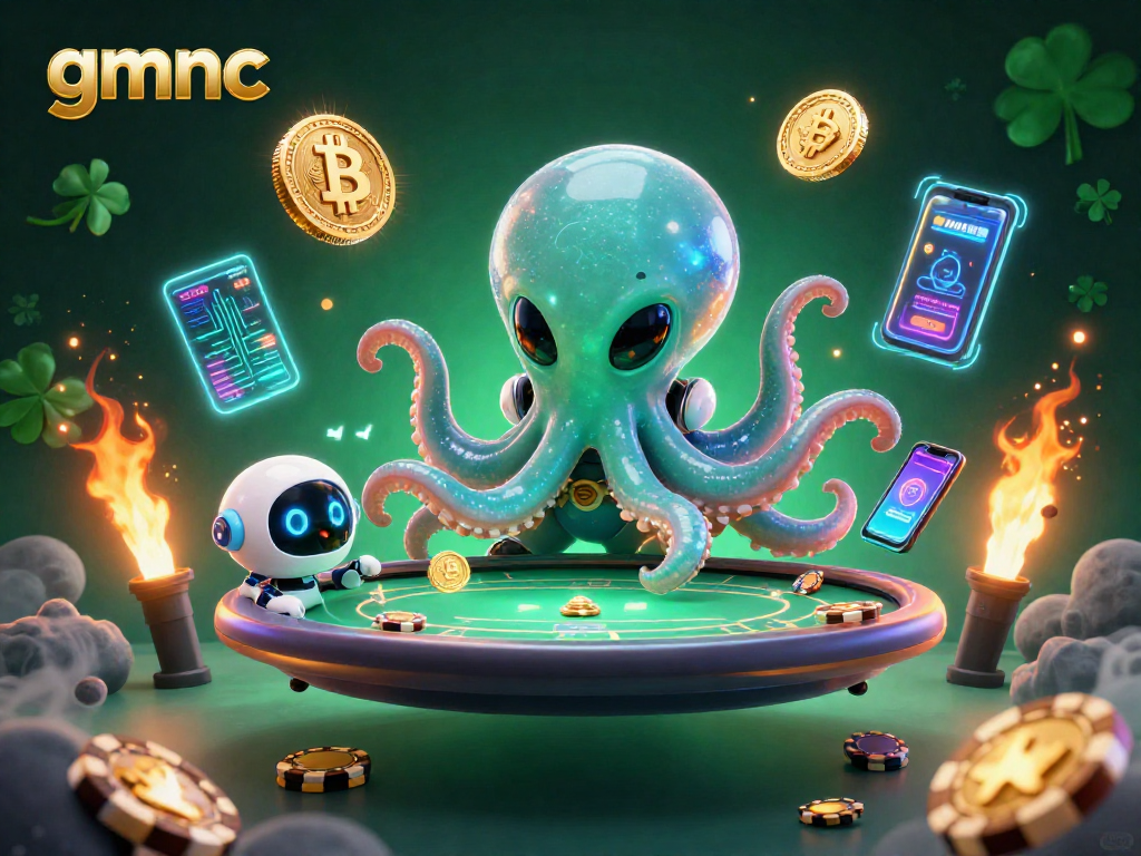 Engaging alien octopus operates a holographic poker table in a vibrant crypto casino scene at gmnc.