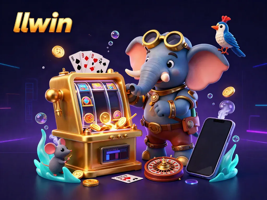 Experience exhilarating gaming at llwin with a steampunk elephant engineer operating a colorful slot machine.