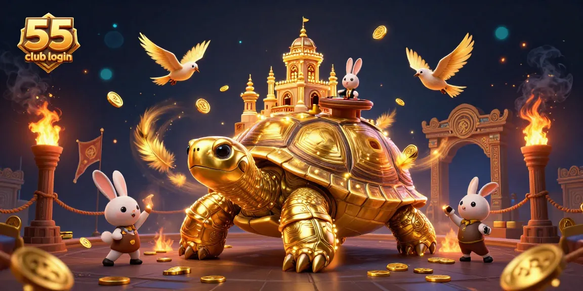 Engage with 55 club login in a vibrant 3D casino environment alongside golden tortoise and rabbit dealer.